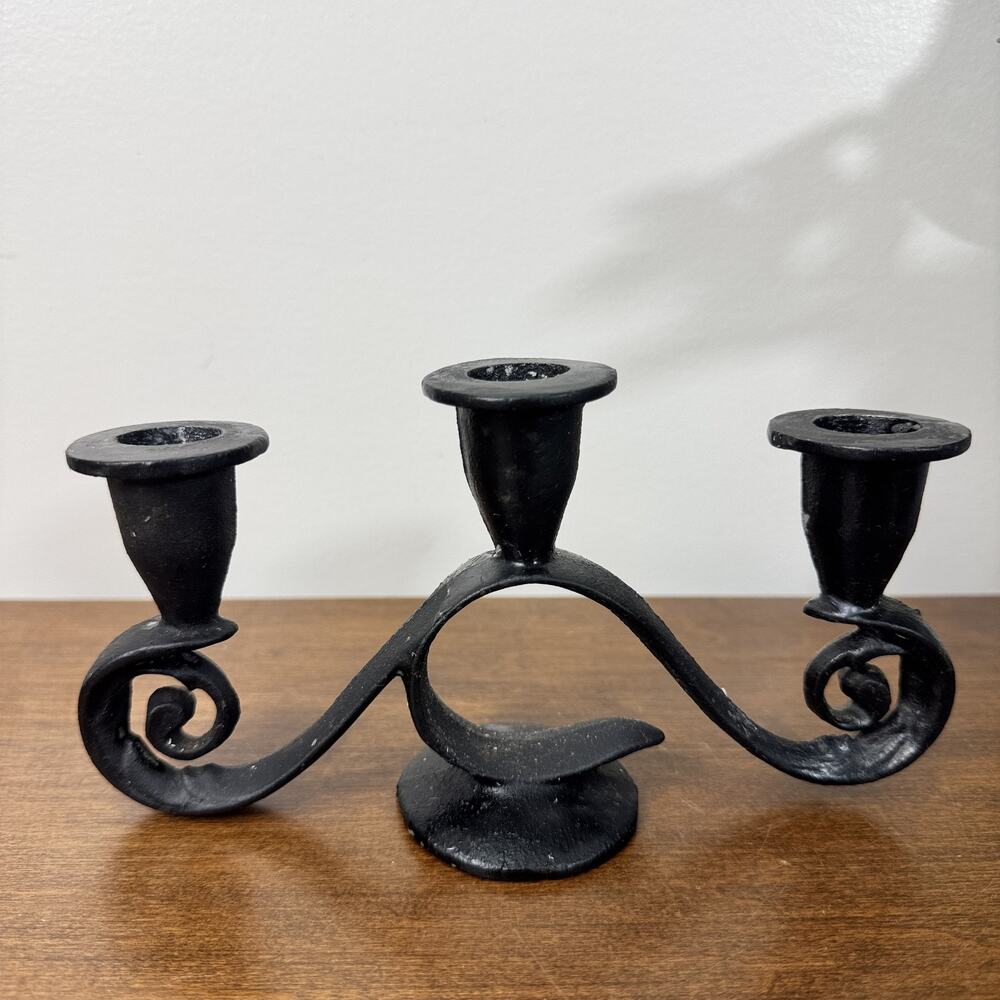 Vintage Black Cast Iron Candelabra Taper Candle Holder 3 Arm Rustic Decor